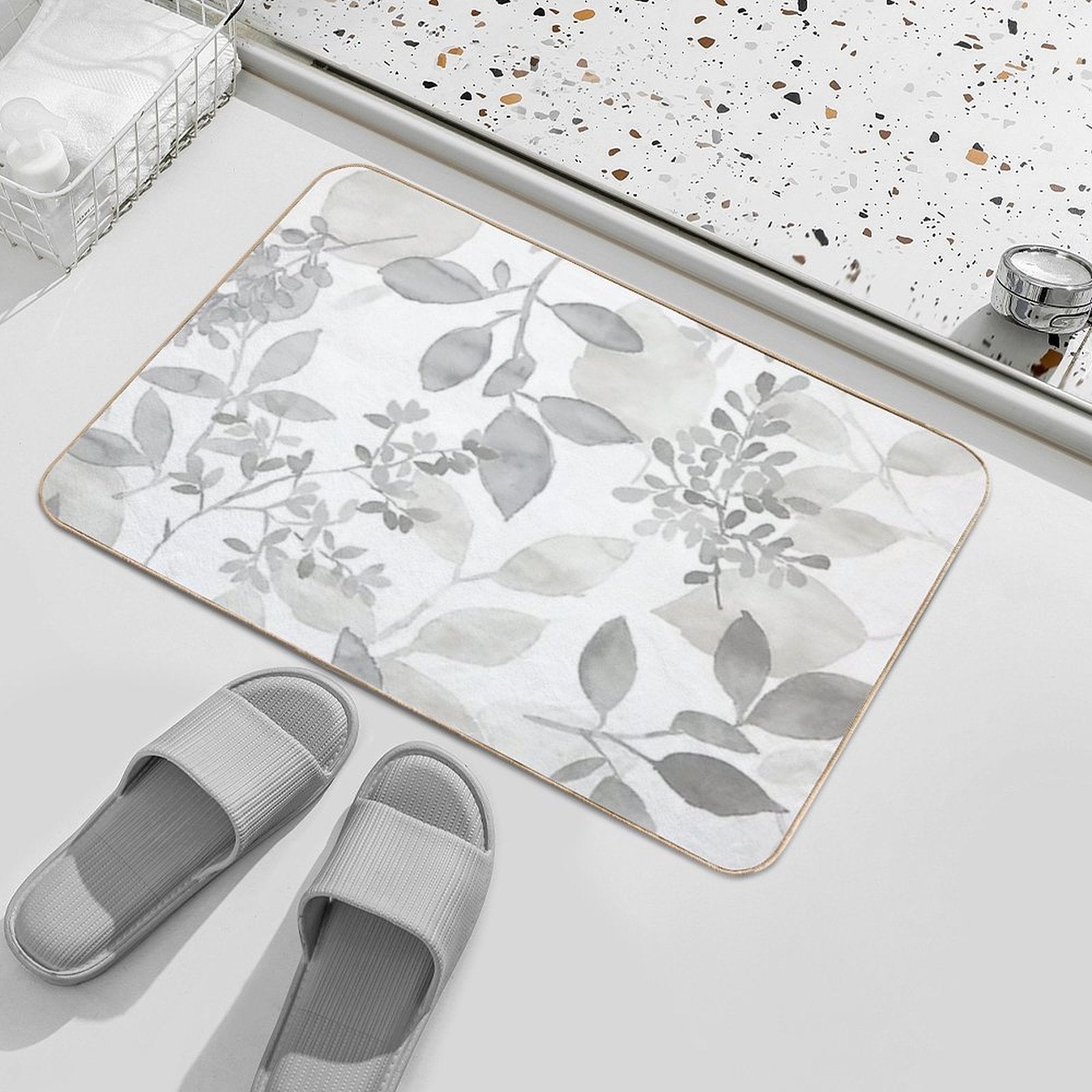 Grey Watercolor Leaves  Rapid-Drying Bath Mat