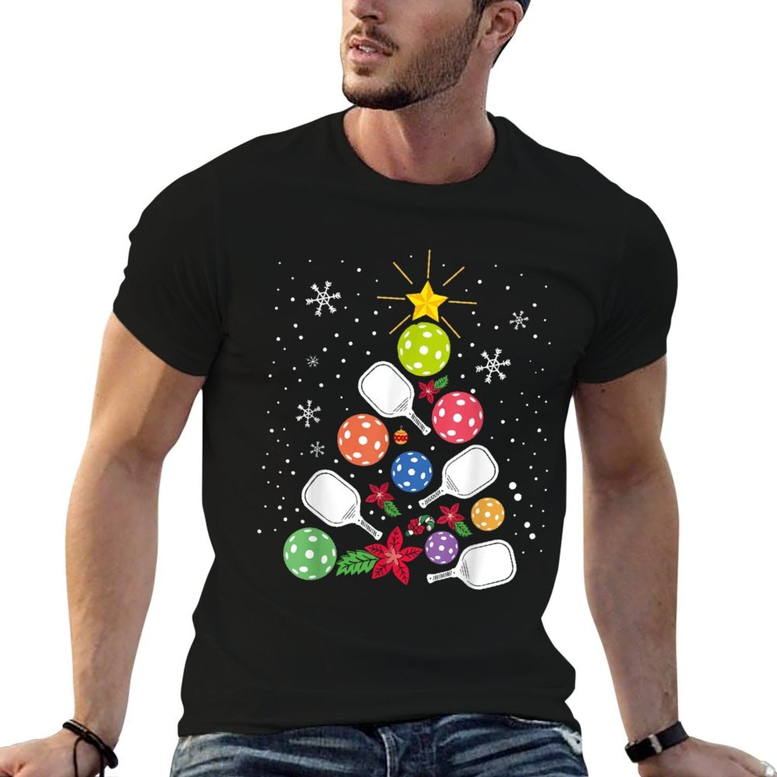 Pickleball Christmas Tree Santa Pickleball X-mas Lights  Polyester Blend T-Shirt
