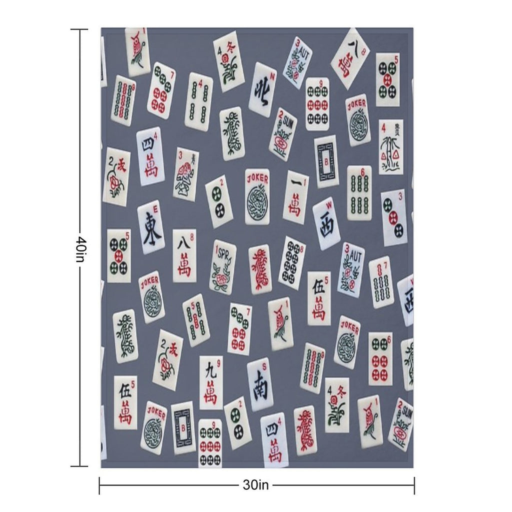 Mahjongg Game Tiles Design on Blue Color Wrinkle-free Throw Blanket