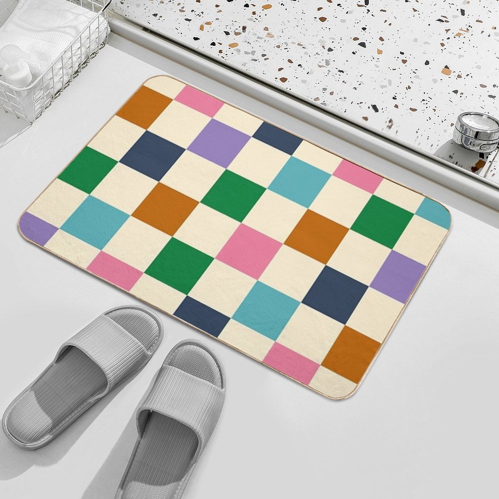 Colorful Squares Green Violet  Eco-Friendly Bath Mat