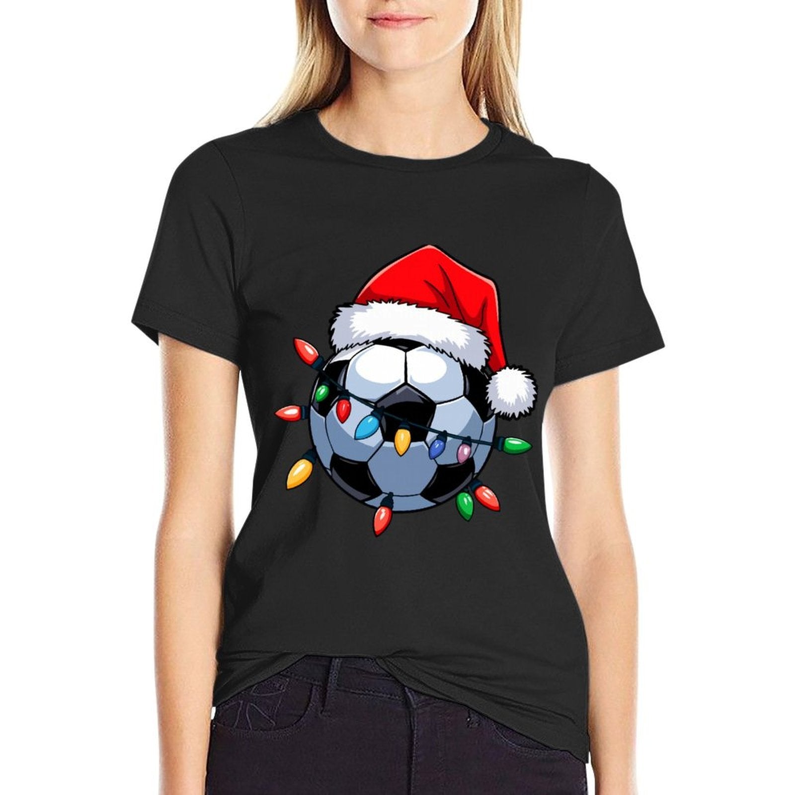 Santa Soccer Ball Christmas Lights Boys Men Soccer Player  Rolled Sleeves T-Shirt
