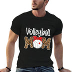 Volleyball Mom Leopard Messy Bun Game Day Funny Mothers Day  Ribbed Collar T-Shirt