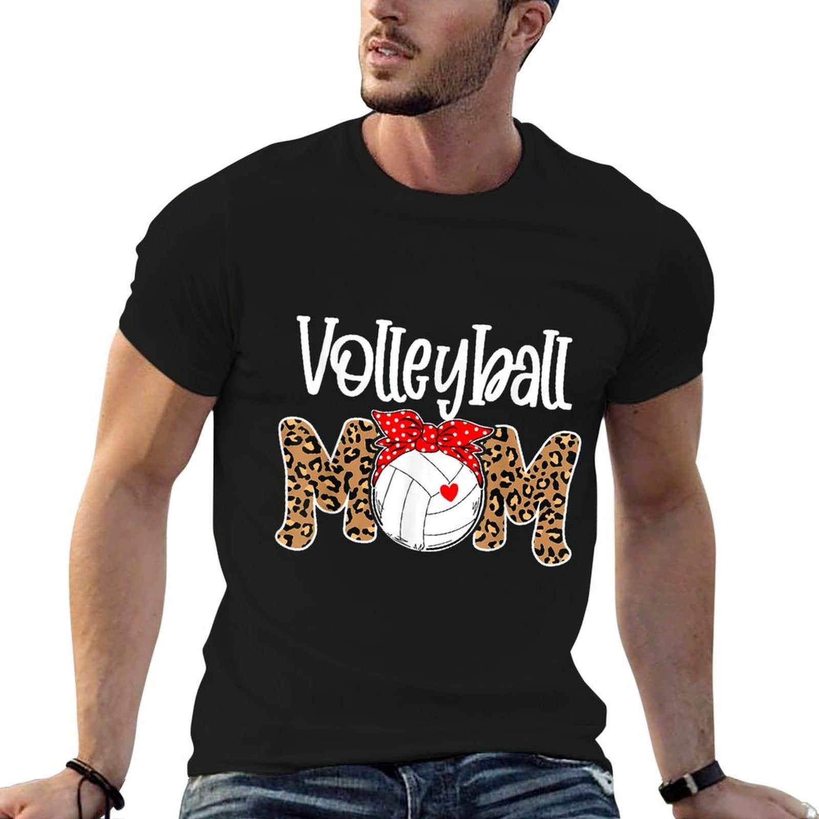 Volleyball Mom Leopard Messy Bun Game Day Funny Mothers Day  Ribbed Collar T-Shirt