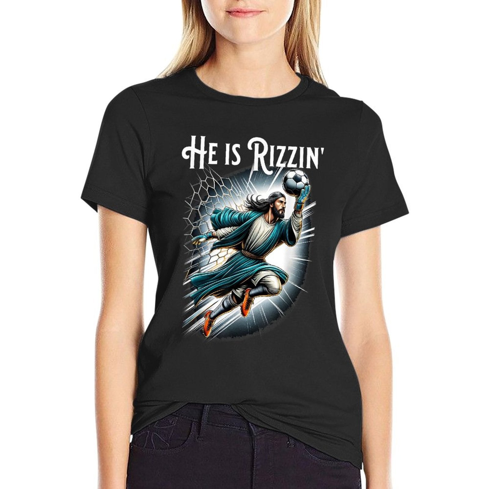 Rizzen Funny Sports Rizz He Is Rizzin Jesus Playing Soccer  Vintage-inspired T-Shirt