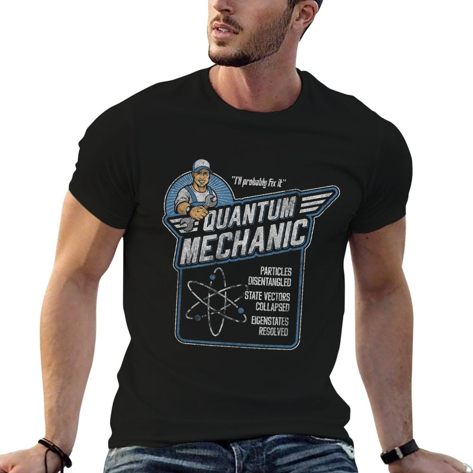 Quantum Mechanics, Funny Subatomic Physics Pun, Science  Polyester Blend T-Shirt