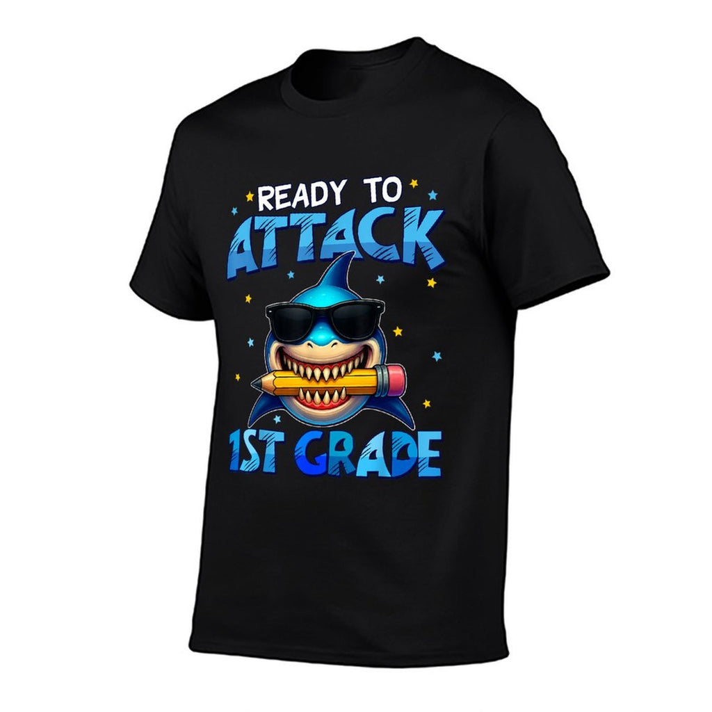Ready To Attack 1st Grade Shark First Day Of School Boys  Oversized Silhouette T-Shirt
