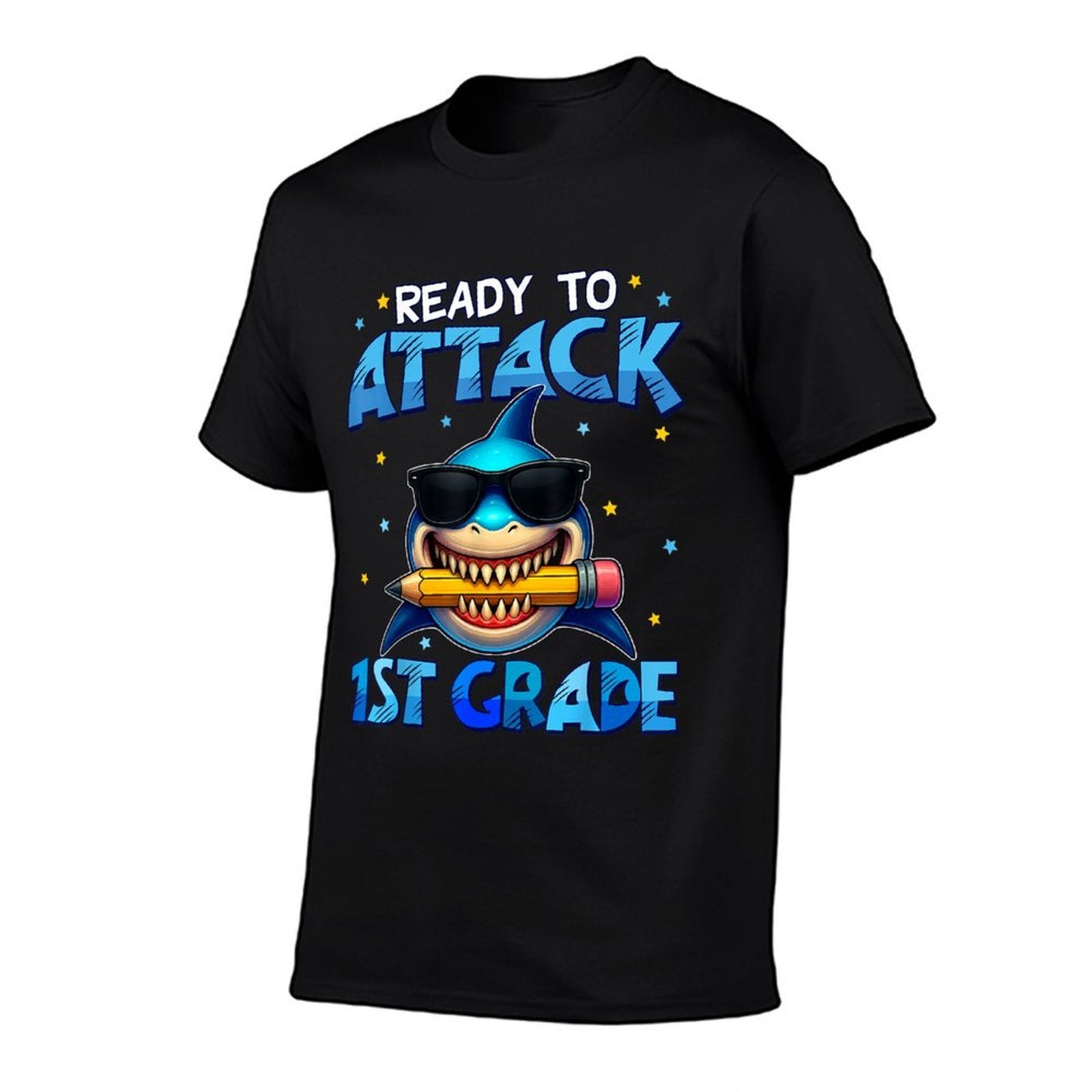 Ready To Attack 1st Grade Shark First Day Of School Boys  Oversized Silhouette T-Shirt