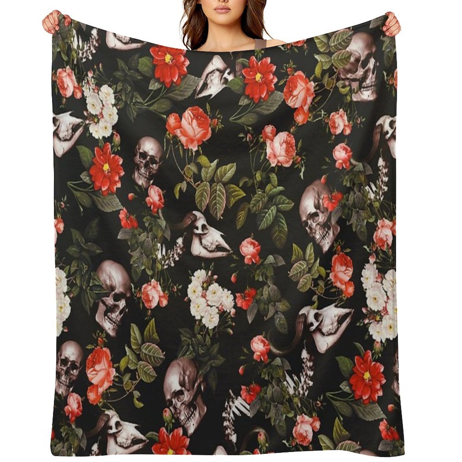 Skull And Floral Pattern Multi-functional Throw Blanket