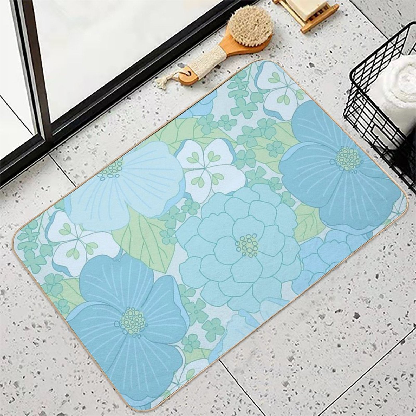 Light Blue Pastel Vintage Floral Pattern  Easy Maintenance Bath Mat