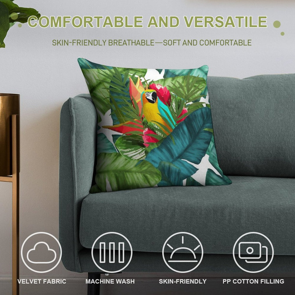 Fresh Parrot Tropical Banana Leaves Bouquet Soft Decorative Cover Throw Pillow