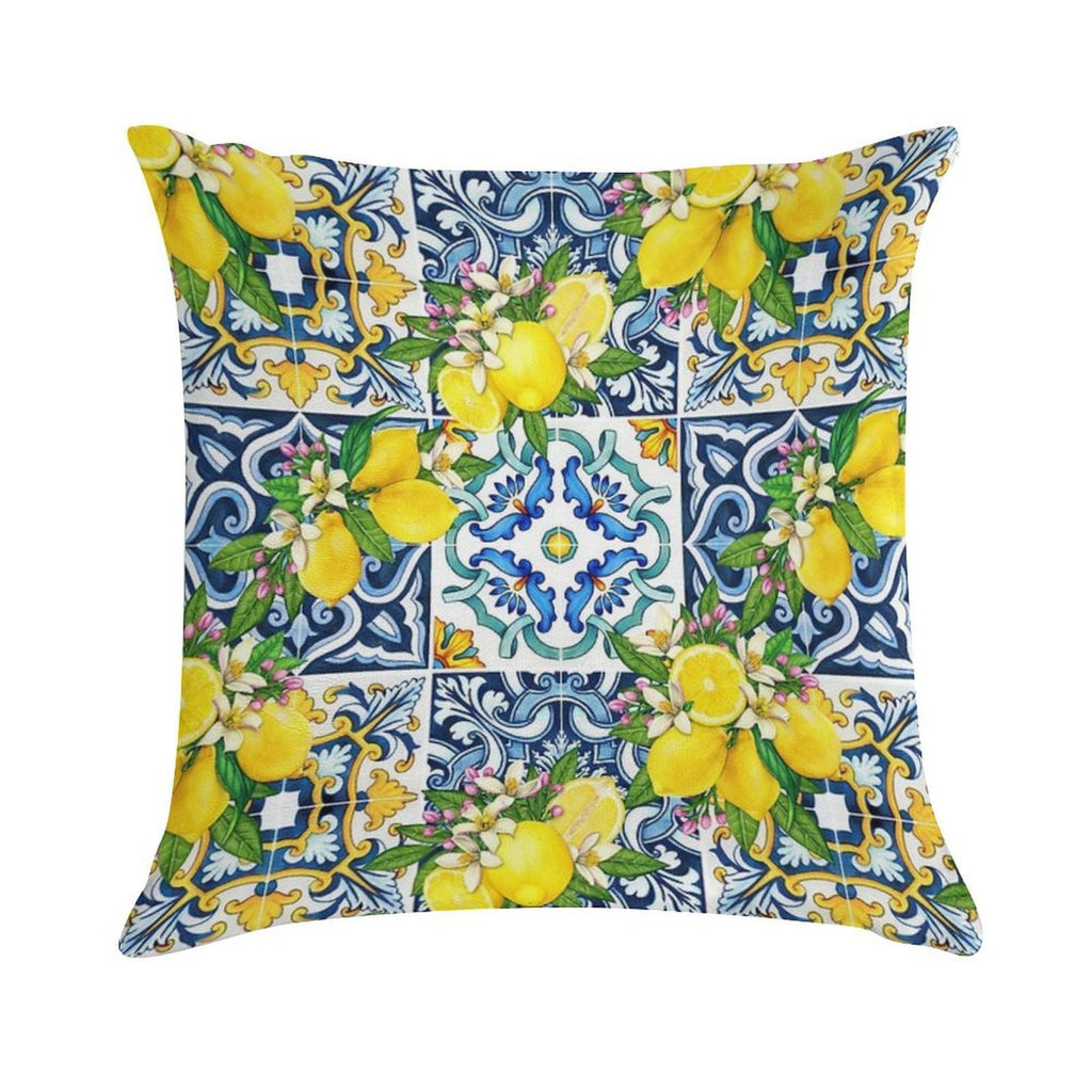 Bright Mediterranean Sicilian Tiles with Citrus Lemons Soft Style Accent Throw Pillow