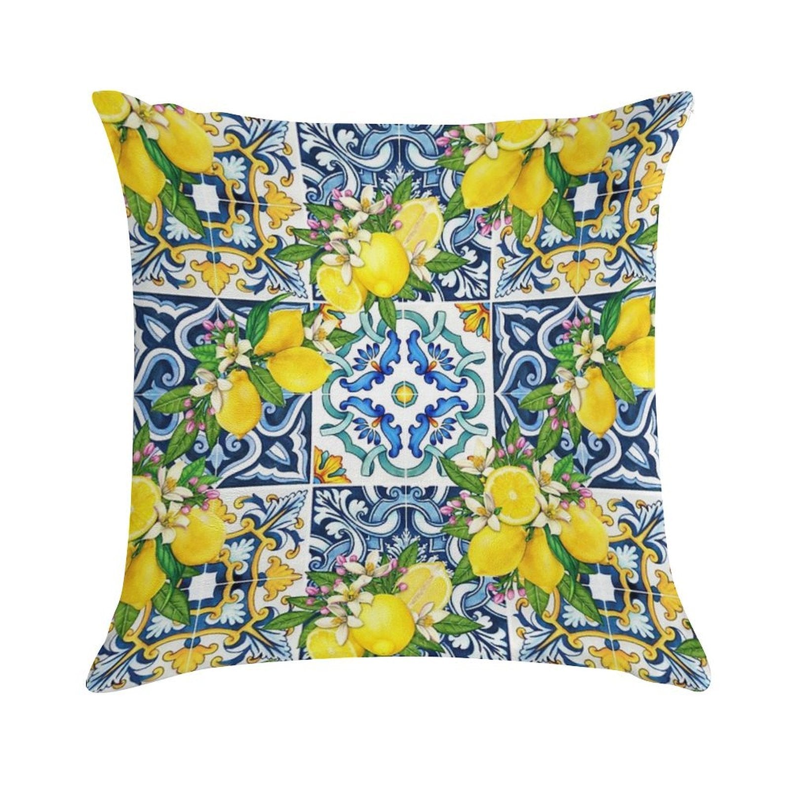 Bright Mediterranean Sicilian Tiles with Citrus Lemons Soft Style Accent Throw Pillow