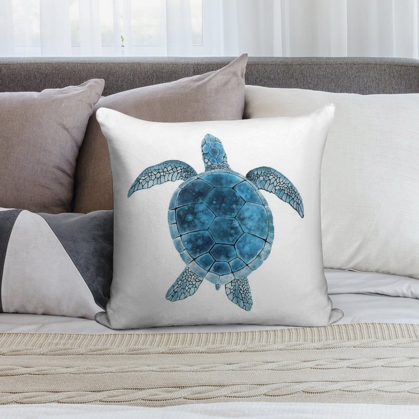 Watercolor Sea Turtle - Turquoise Blue Soft Luxury Feel Throw Pillow