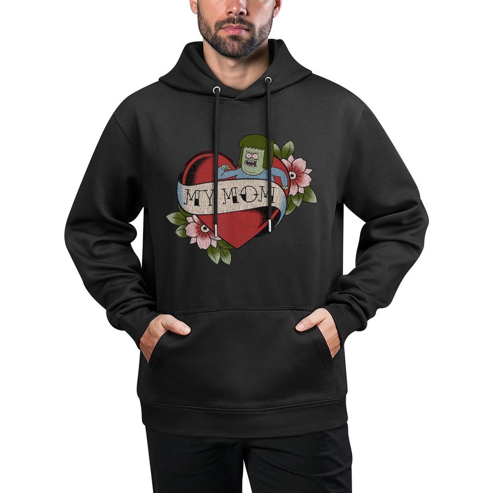 Regular Show Muscle Man My Mom Heart Tattoo Funny Cartoon Cotton-Polyester Blend Hoodie
