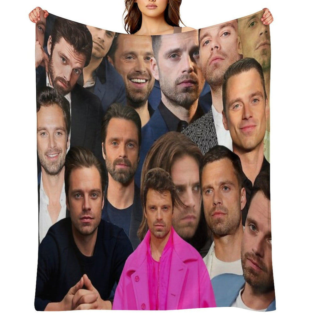 Sebastian Stan Photo Collage Throw Blanket Sustainable Throw Blanket
