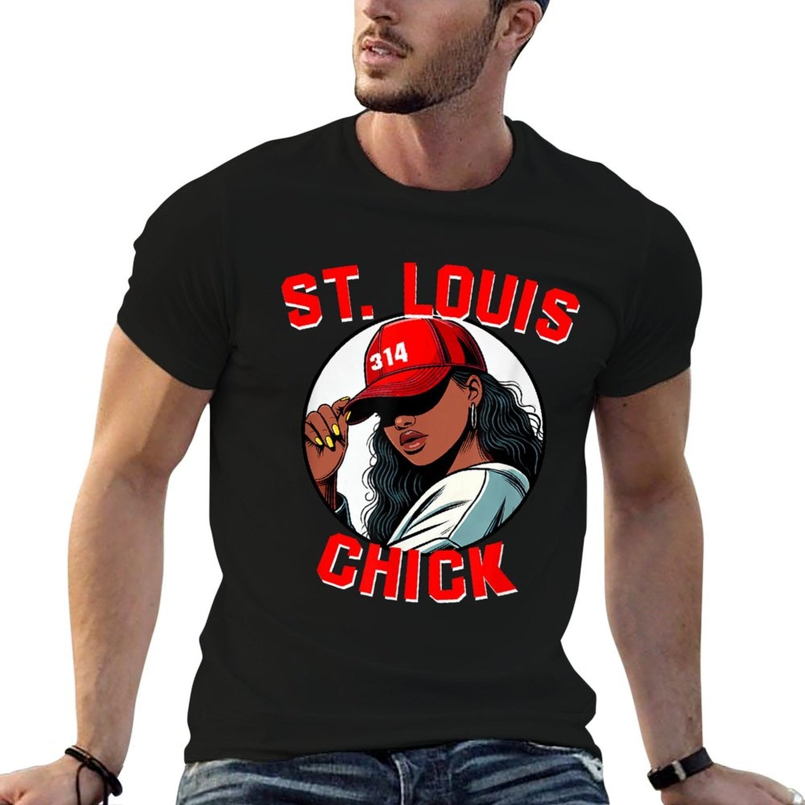 St. Louis Chick 314 Black Woman Red Hat  Wrinkle-resistant T-Shirt