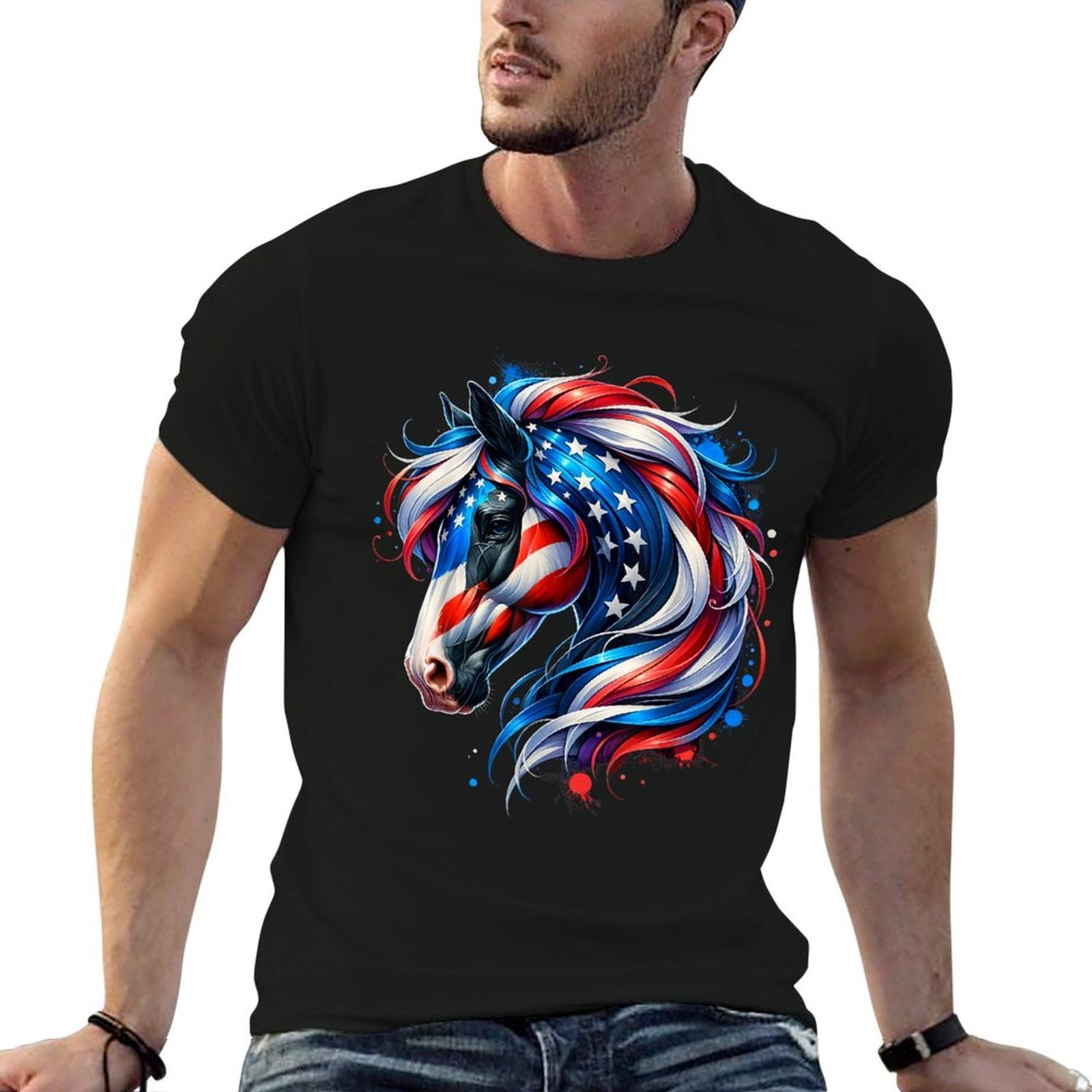 Horse 4th Of July Patriotic Horse Graphic American Women Girls Kids Men  Tagless Design T-Shirt