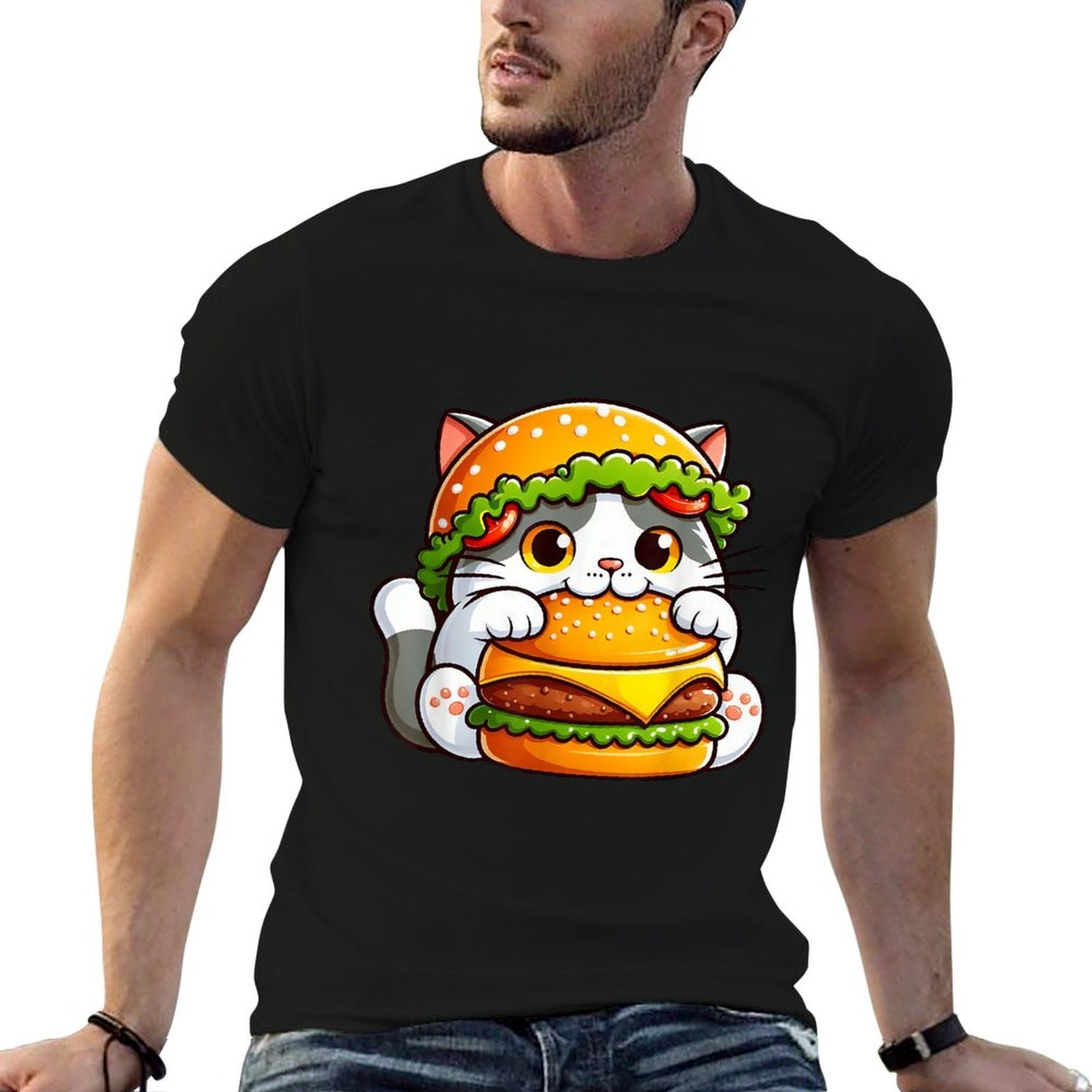 Quirky Cat Hamburger Cheeseburger Fast Food Hat Men Women Girls Kids  Heathered Texture T-Shirt