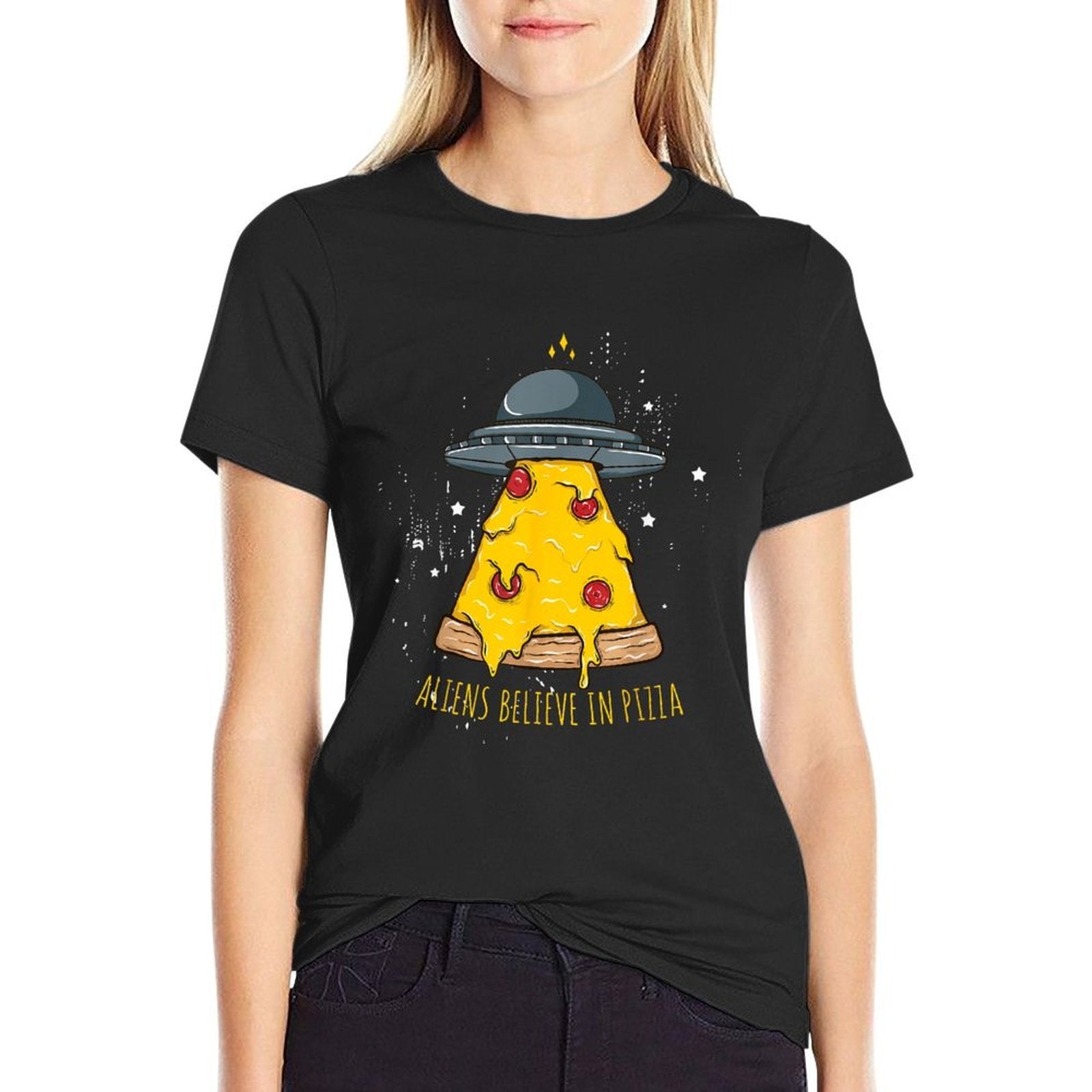 Aliens Believe In Pizza Funny Alien Ship Pizza  Polyester Blend T-Shirt