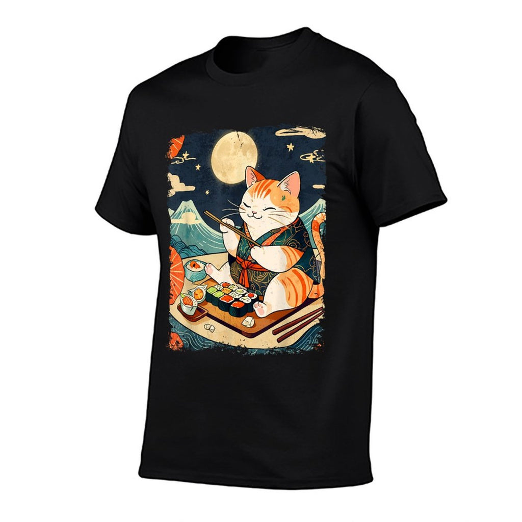 Cat Eating Sushi Japanese Anime Manga Kawaii Cat Ukiyo-e Art  Durable T-Shirt