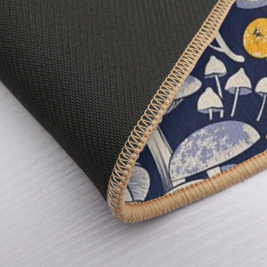 Mystical Fungi  Midnight Blue Background Ivory Pale Blue And Yellow Wild Mushrooms Durable Bath Mat