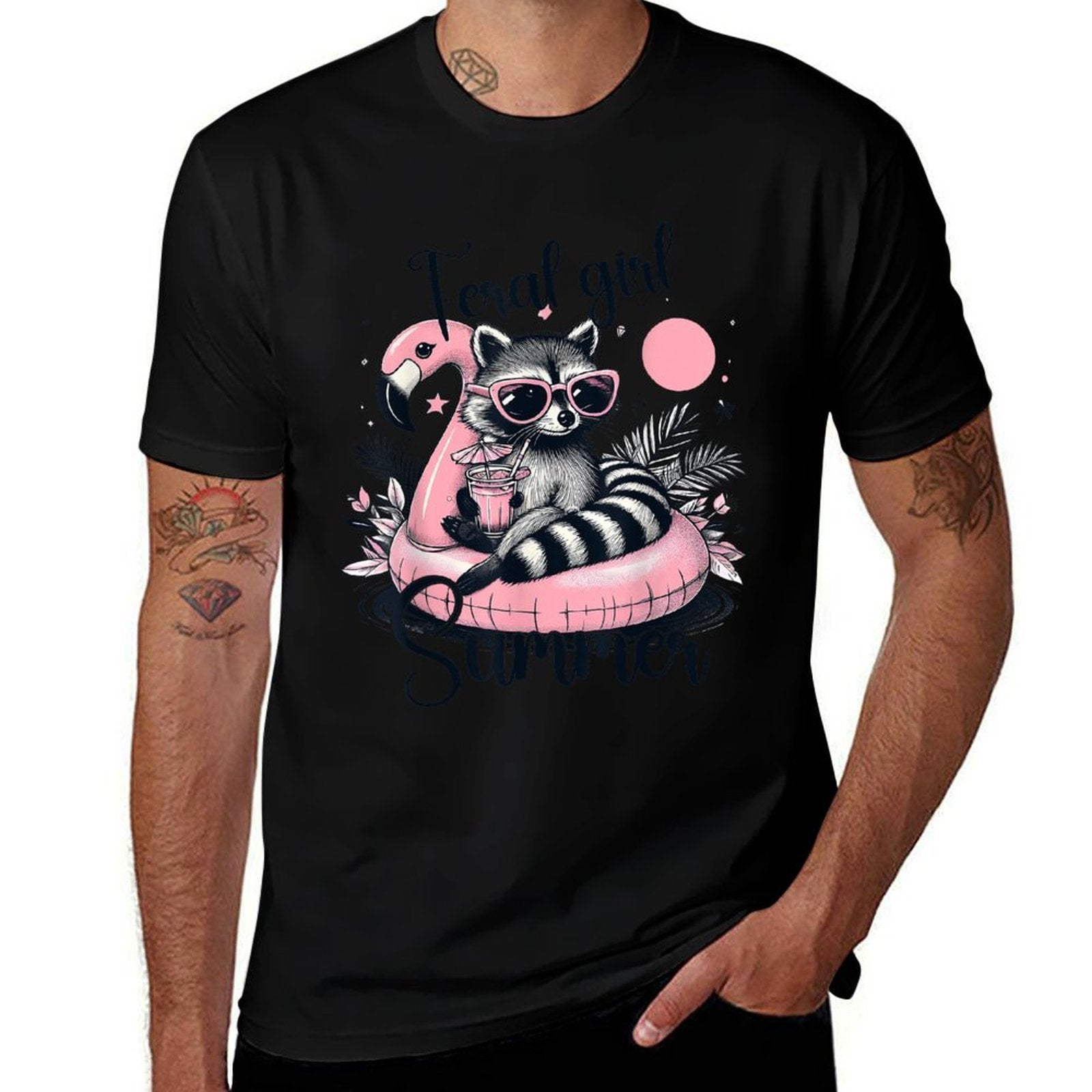 Feral Girl Funny Meme Raccoon Summer Vacation Hawaii Beach  Ribbed Collar T-Shirt