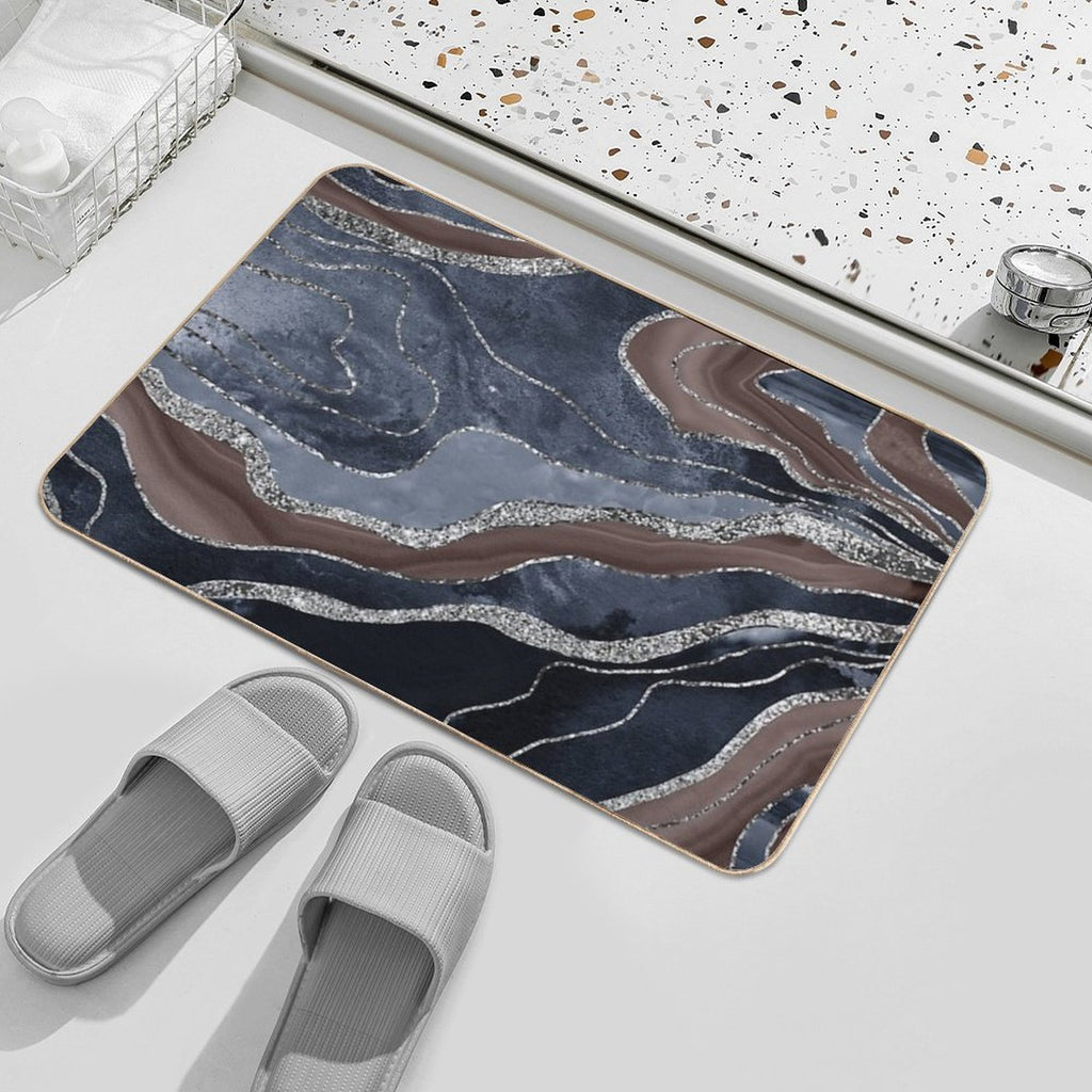 Navy Blue Brown Marble Agate Silver Glam #1 (Photo of Glitter Only - Not Reflective)  Pet-Safe Bath Mat