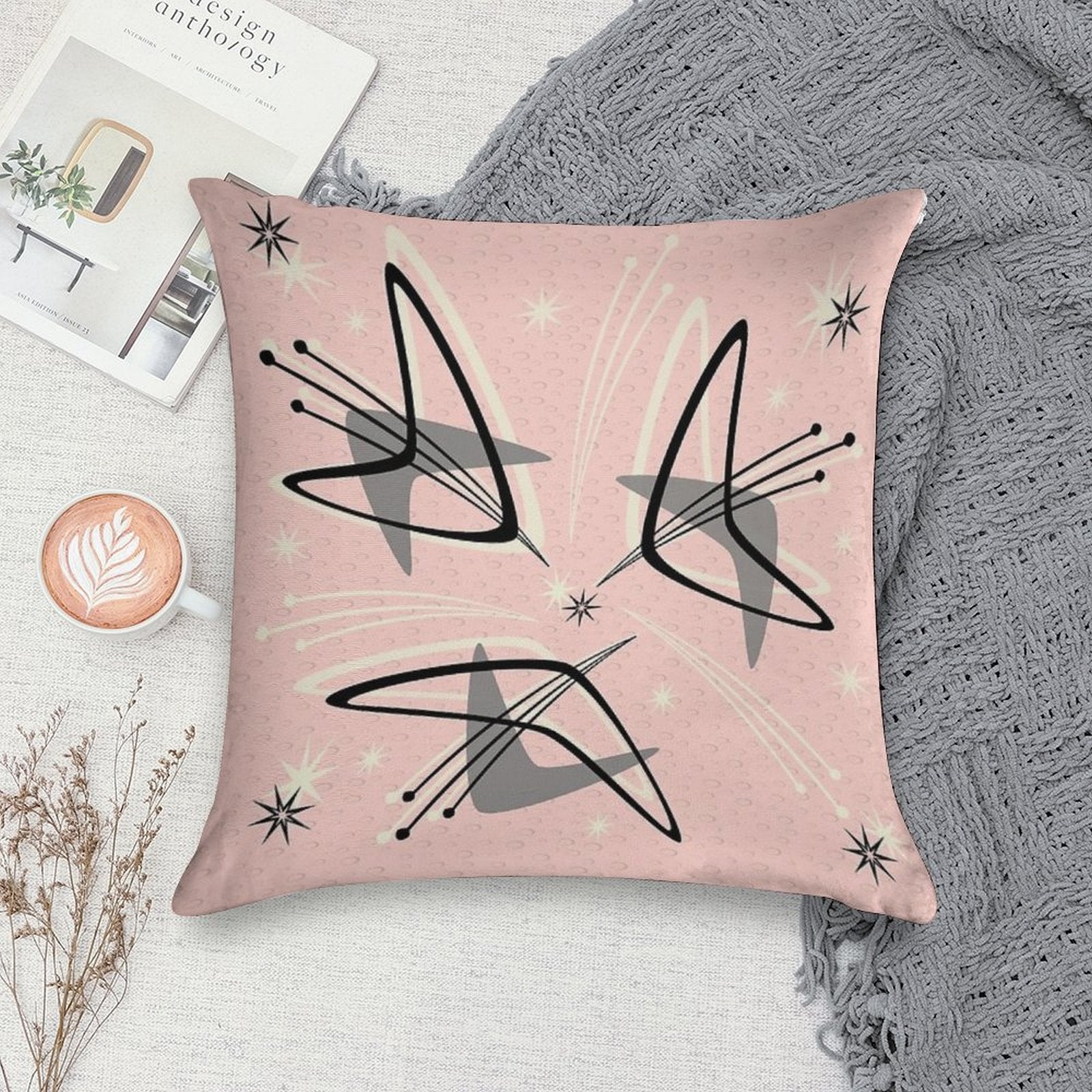 Atomic Boomerangs on Lunar Pink Soft Gift Ready Throw Pillow