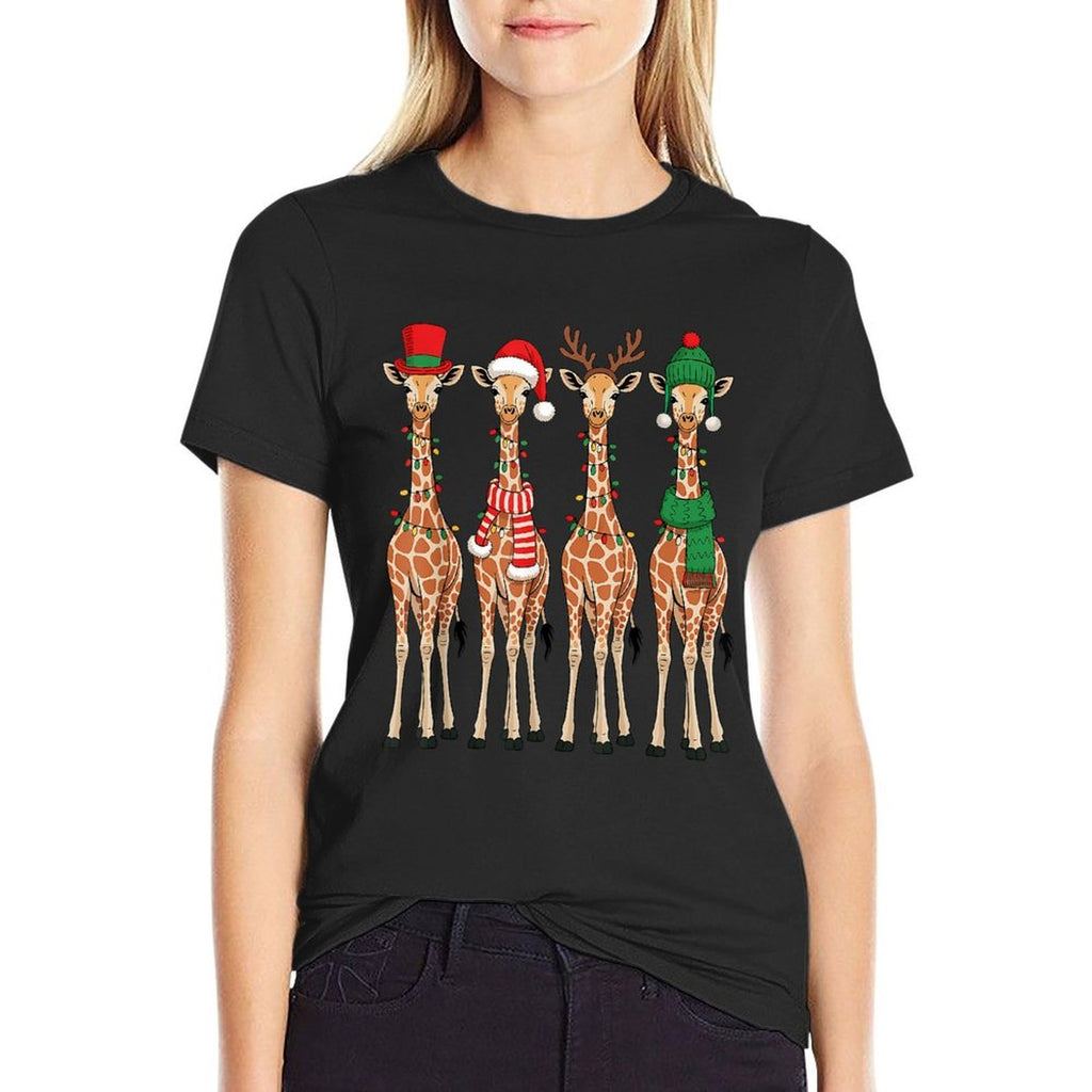 Cute Christmas Giraffes Reindeer Santa Hat Lights Holiday  Heathered Texture T-Shirt