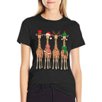 Cute Christmas Giraffes Reindeer Santa Hat Lights Holiday  Heathered Texture T-Shirt