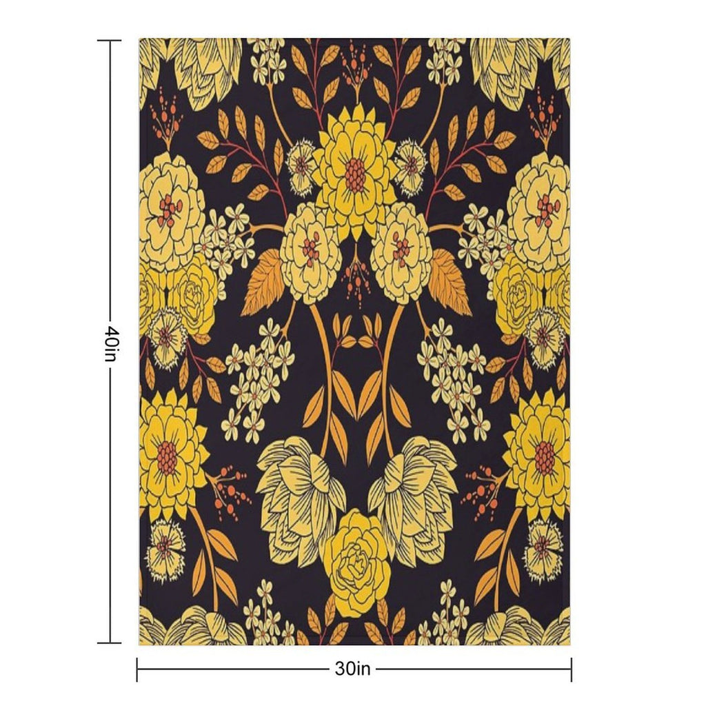 Yellow, Orange & Navy Blue Dark Floral Pattern Quick-dry Throw Blanket