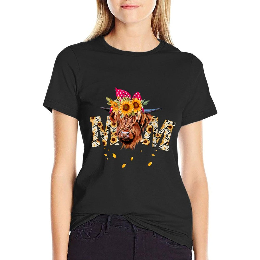 Vintage Sunflower Highland Cow Mom Heifer Mom Messy Bun Mom  Odor-resistant T-Shirt