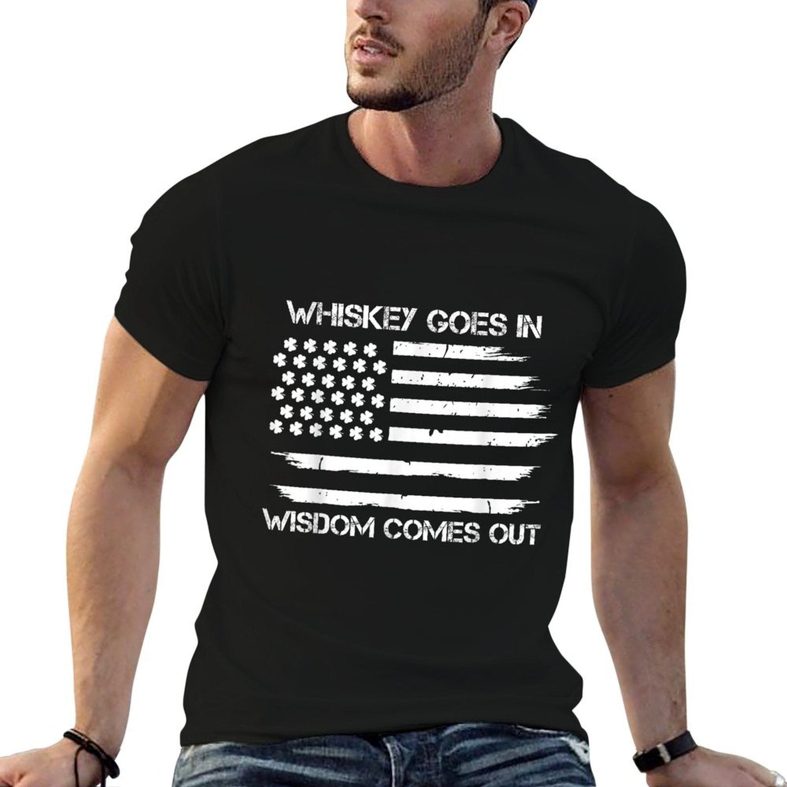Funny Whiskey Goes in Wisdom Comes Out Irish American Flag  Classic T-Shirt