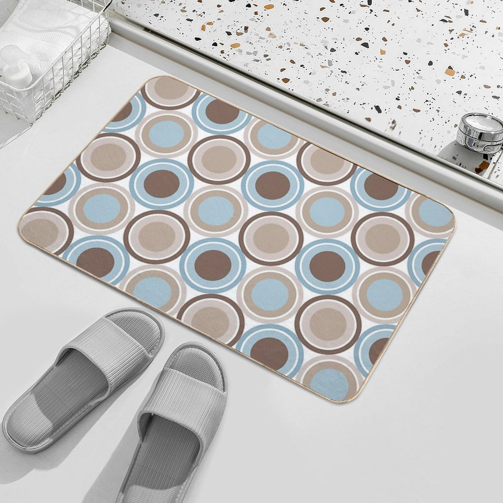 Mid Century Circle Pattern - Taupe, Brown, Slate Blue, Denim Blue  Rapid-Drying Bath Mat