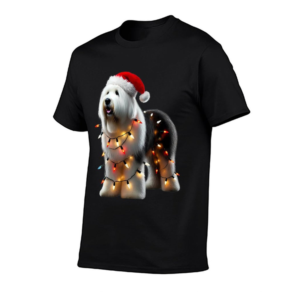 Old English Sheepdog Santa Hat Christmas Lights Dog Owner  Polyester Blend T-Shirt