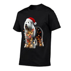Old English Sheepdog Santa Hat Christmas Lights Dog Owner  Polyester Blend T-Shirt