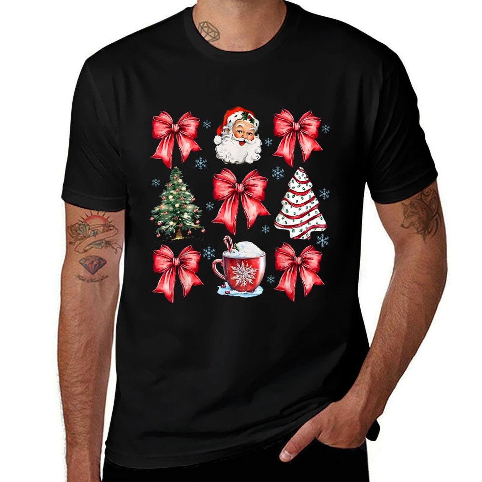 Retro Christmas Coquette Bow Santa Coffee Cake Holiday Women  Fade-proof Color T-Shirt