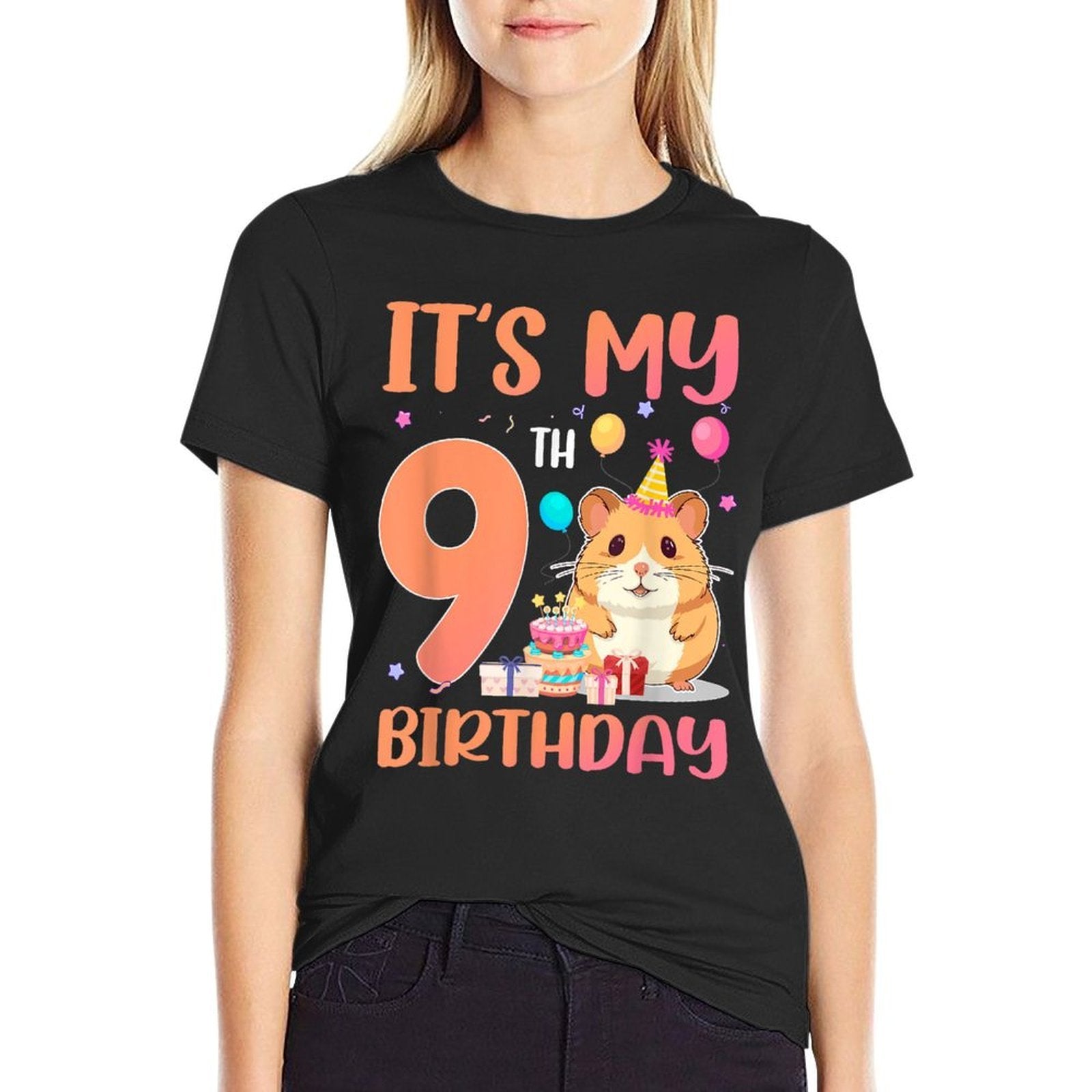 Its My 9th Birthday Cute Hamster 9 Year Old Kids  Oversized Silhouette T-Shirt
