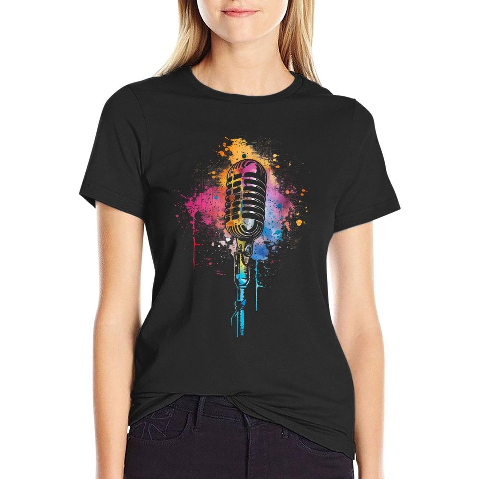Singer Vintage Microphone Watercolor Karaoke Singing  Summer-ready Fabric T-Shirt