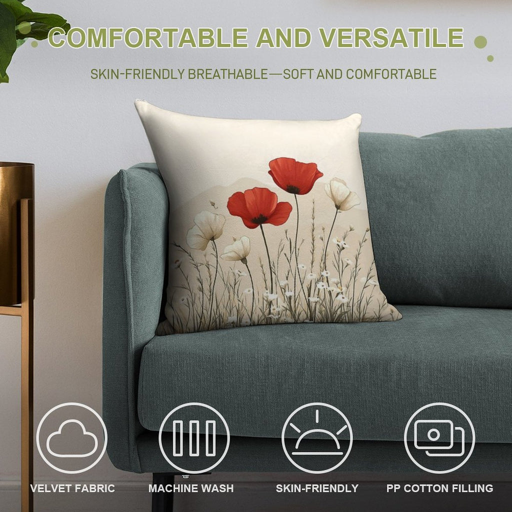 Red Poppies In Bloom Soft Bedroom Essential Throw Pillow