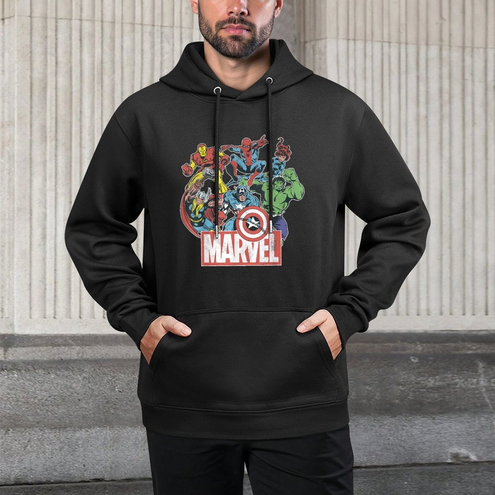 Marvel Avengers Team Retro Comic Vintage Graphic Relaxed Fit Hoodie