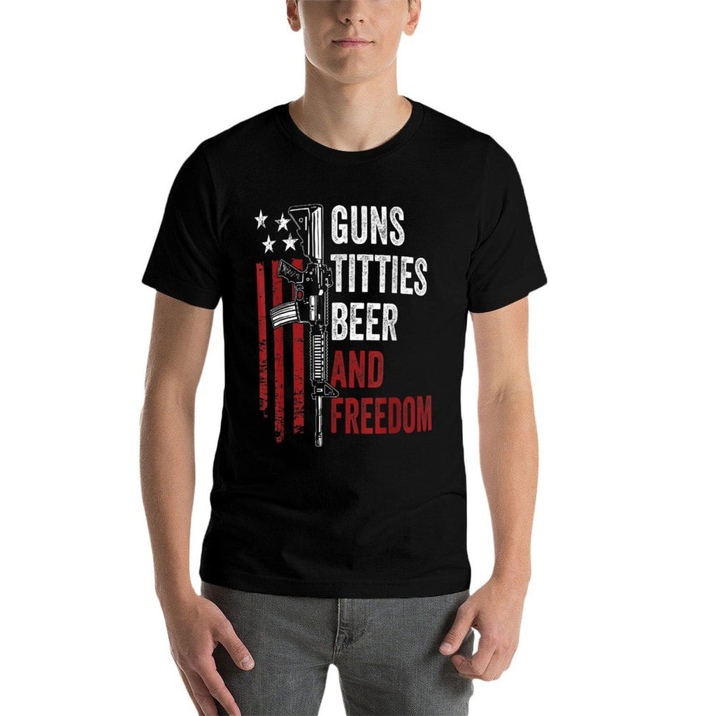 Guns Titties Beer  Freedom - Mens Funny Guns Drinking USA  Cotton T-Shirt