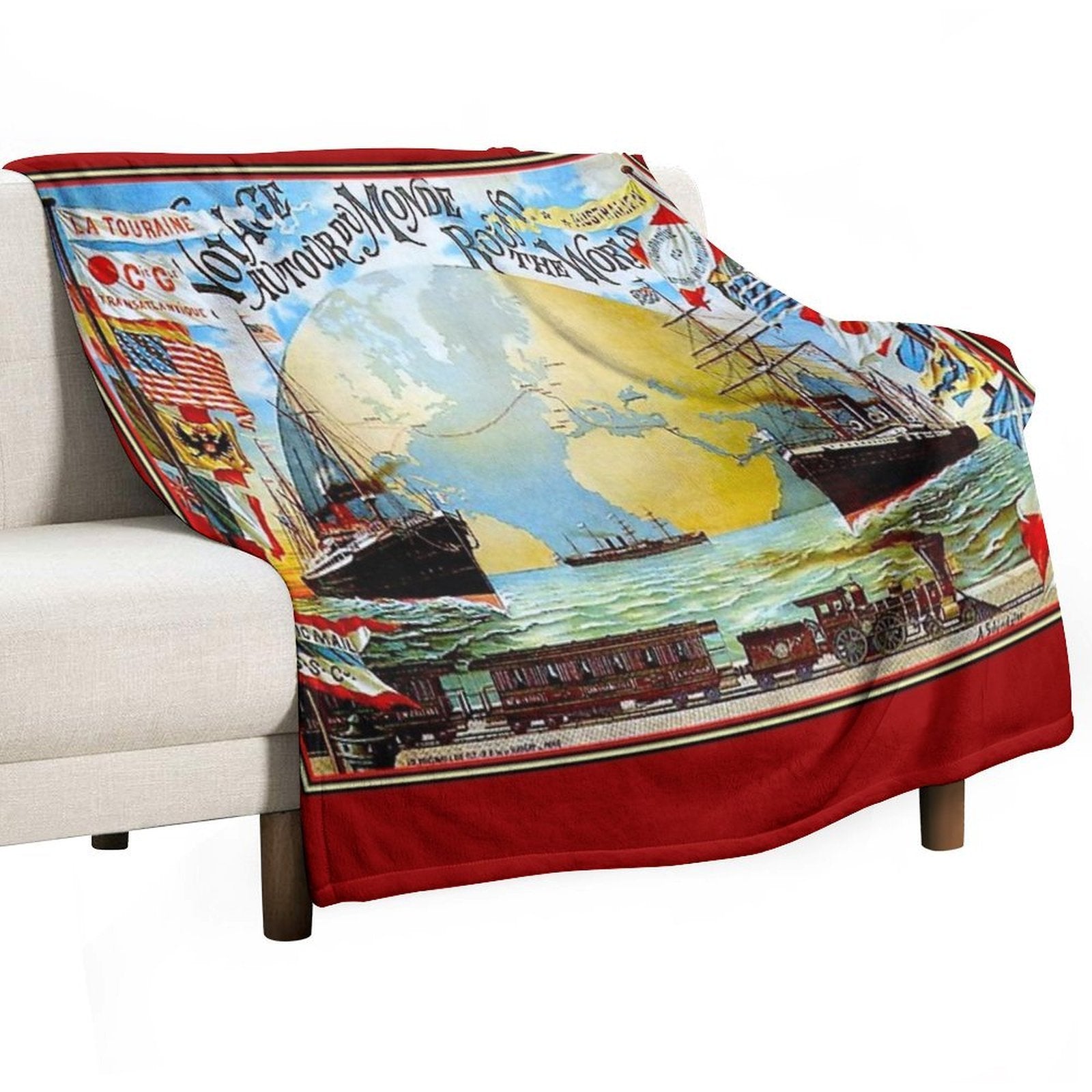 Around The World in 80 Days; Vintage Jules Verne Print Travel-friendly Throw Blanket