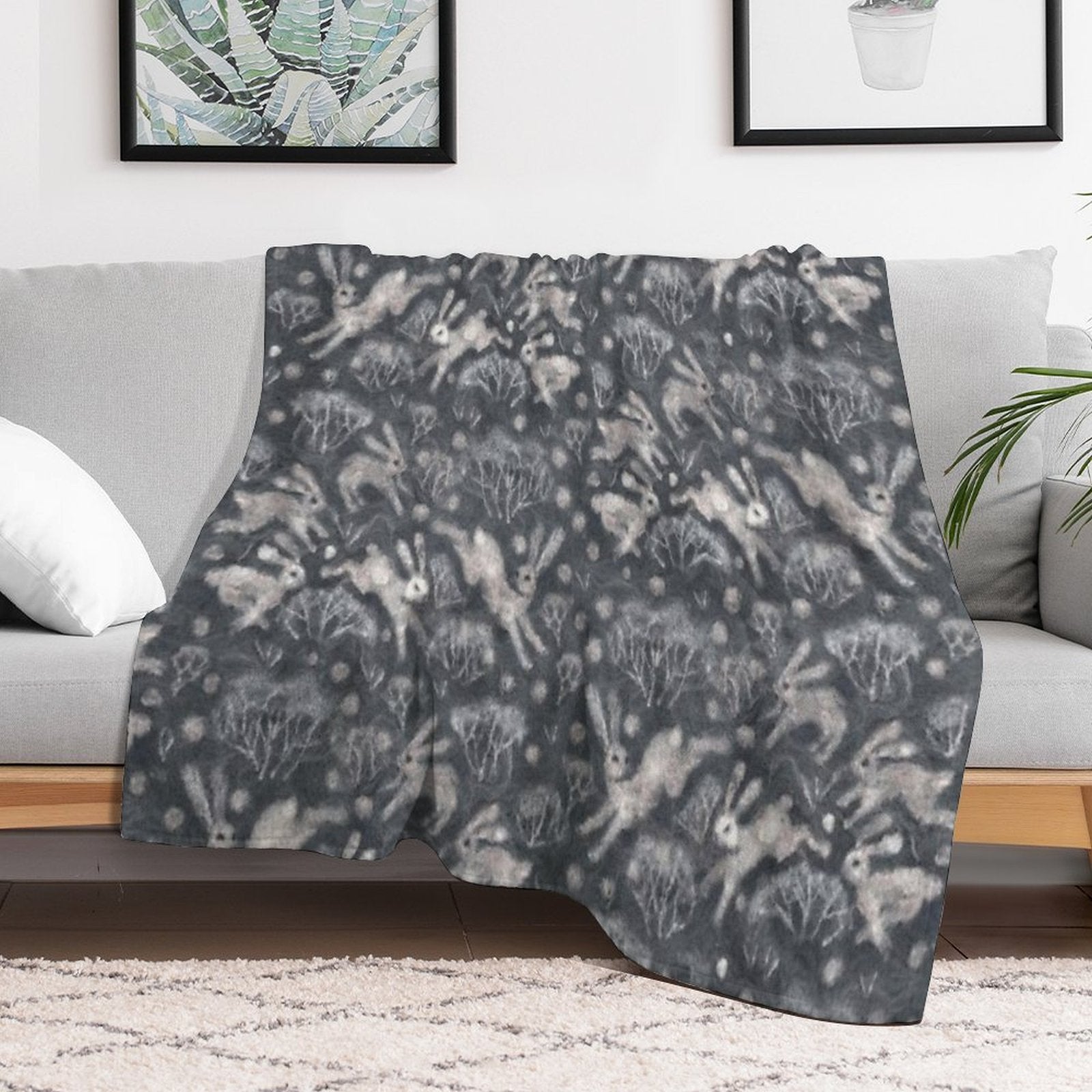 Hares Field, Winter Snow Field Bunnies Rabbits Pattern Grey Versatility Throw Blanket