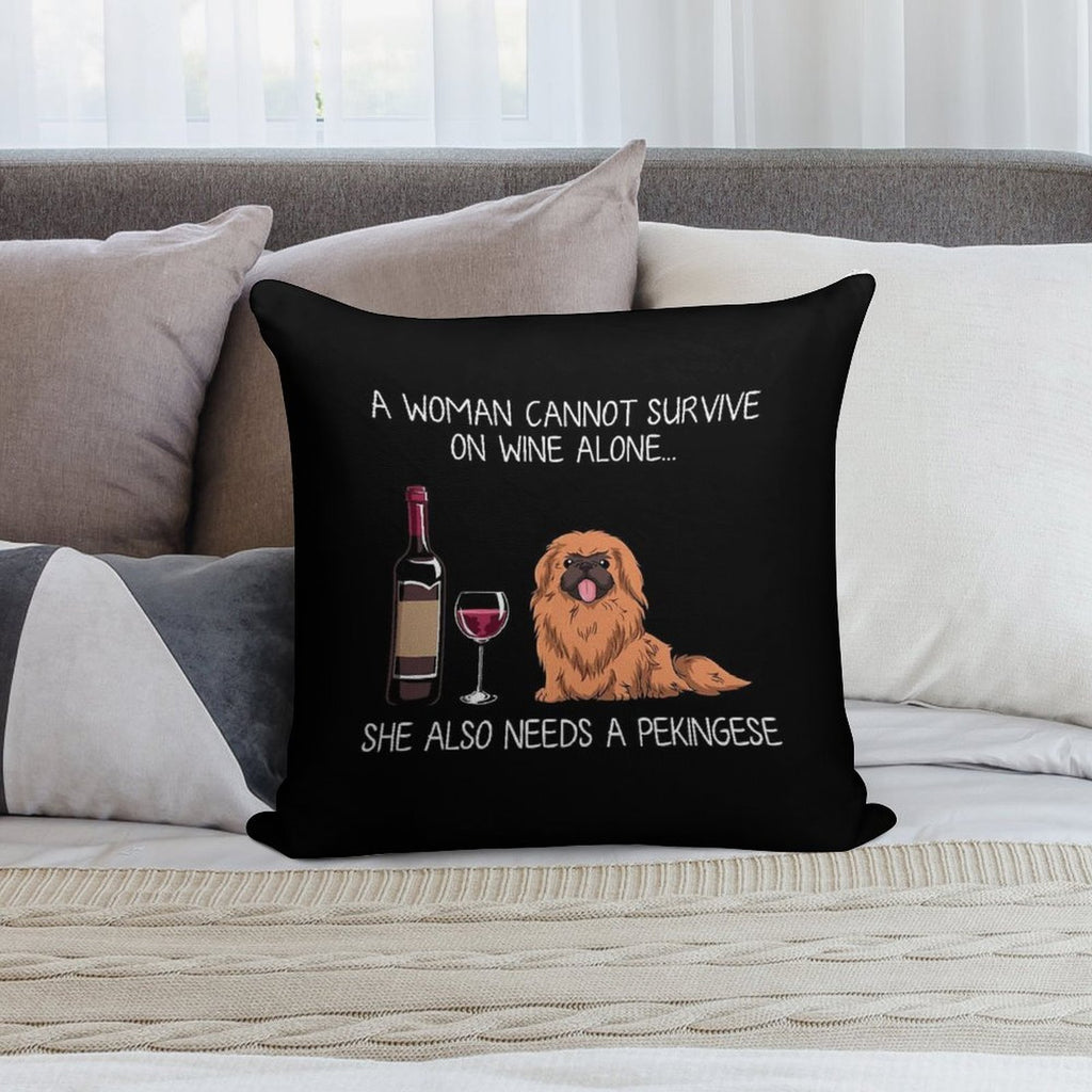 Pekingese And Wine Funny Dog Soft Short Plush Fabric Throw Pillow