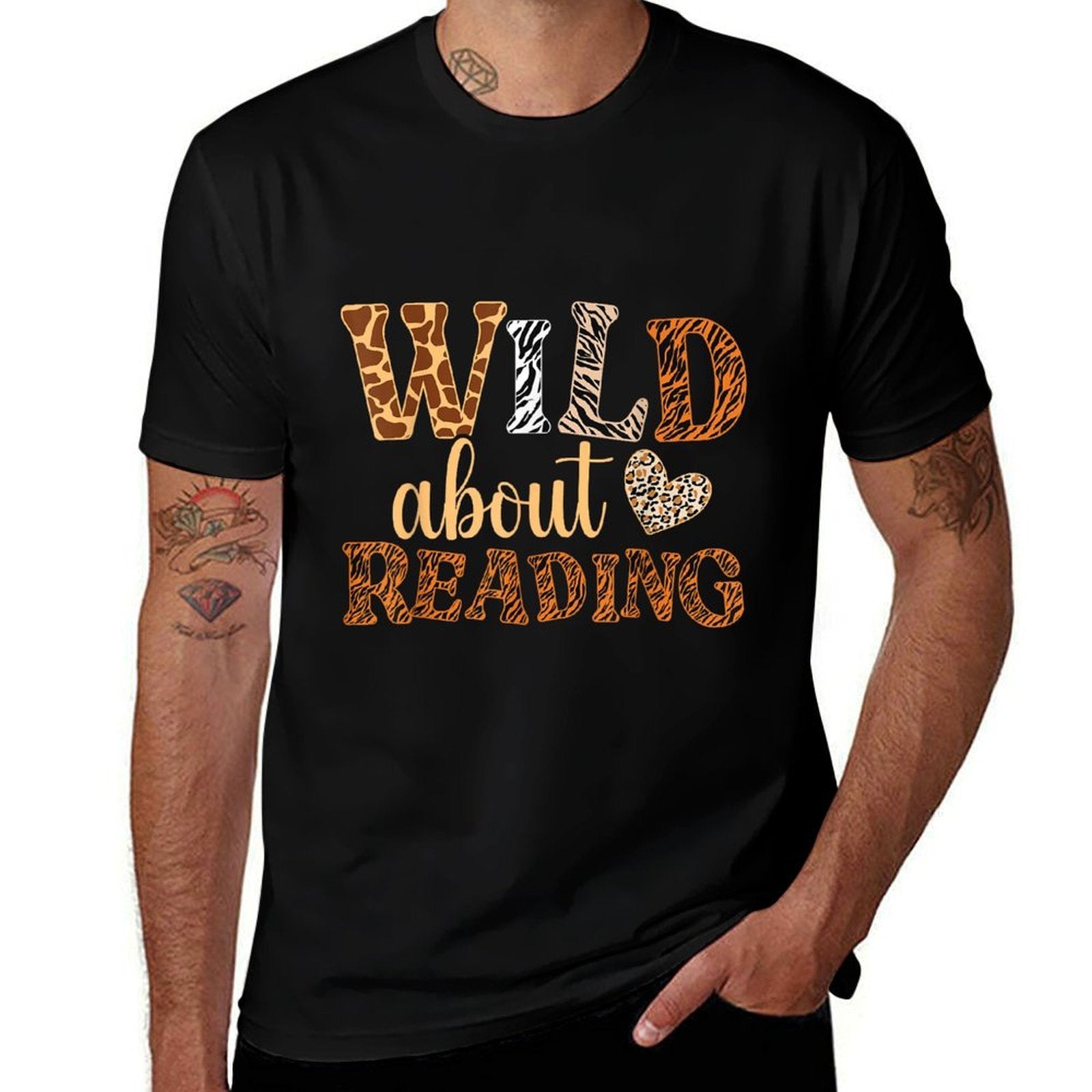 Wild About Reading Books - Bookworm Library Day Teacher  Ribbed Collar T-Shirt