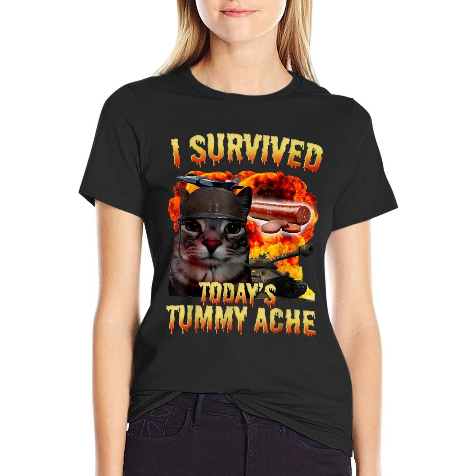 Tummy Ache Survivor Cat Meme Funny Saying Cats Animals Men Women Kids  Durable T-Shirt