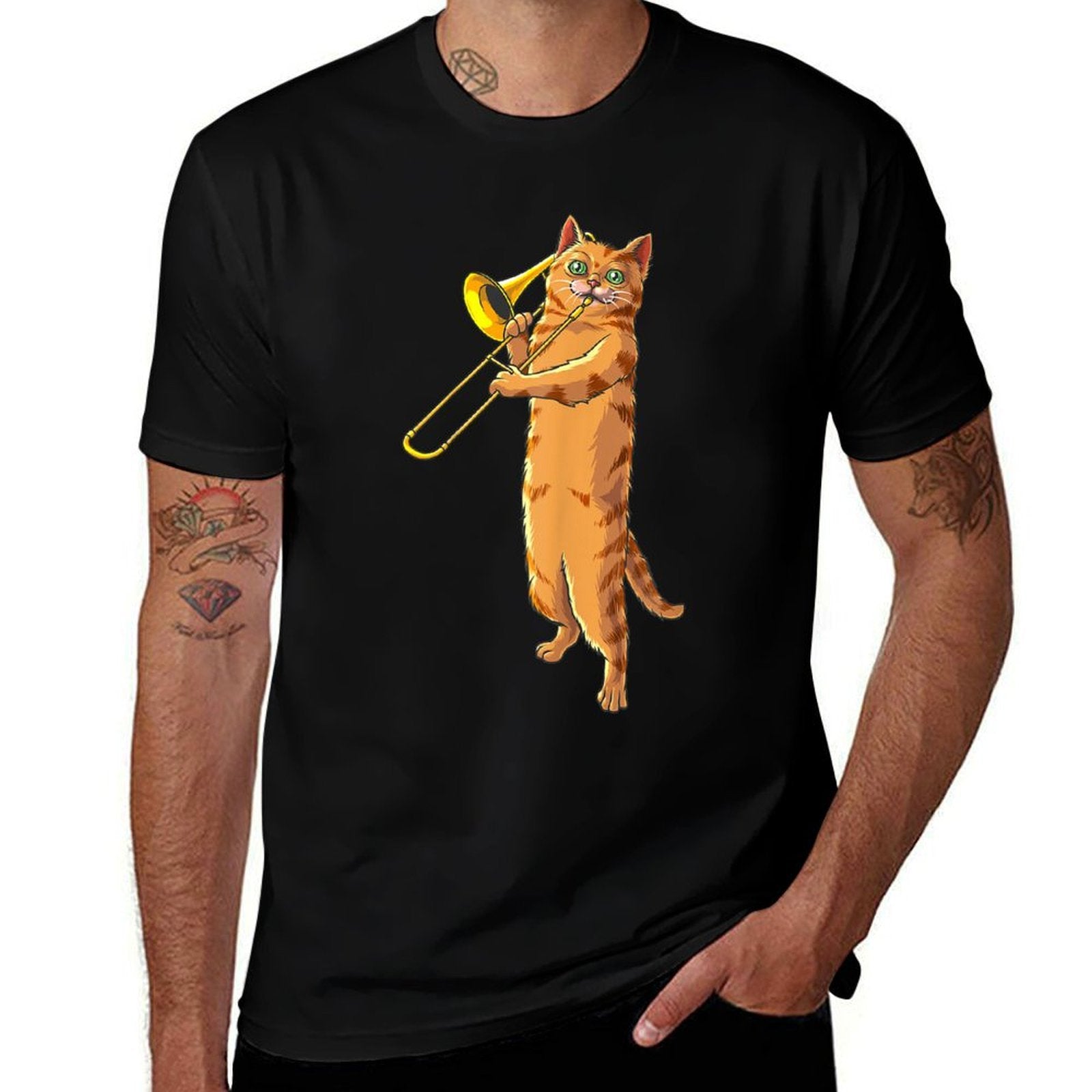 Funny Cat Playing Trombone Gift  Cool Kitten Musician Fan  Breathable T-Shirt