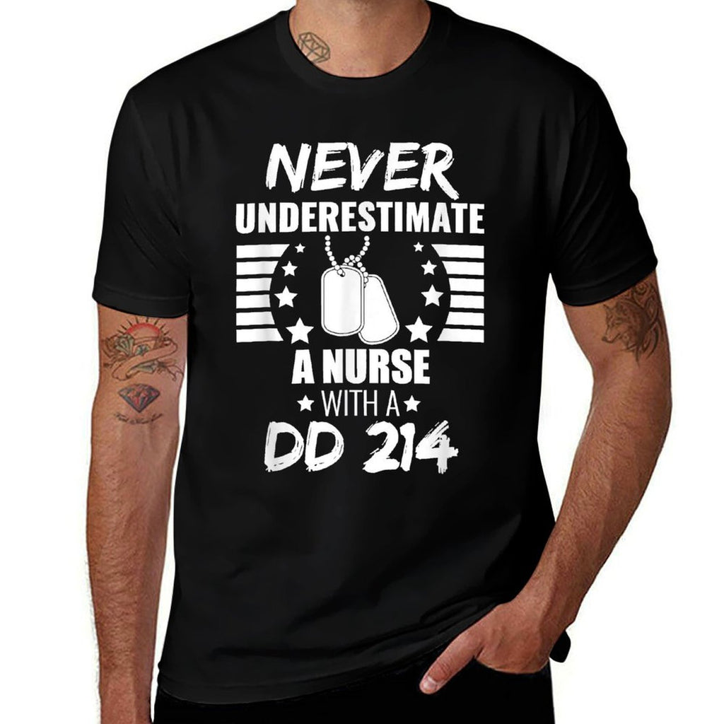 Never Underestimate A Nurse DD 214 Veterans Day  Ribbed Collar T-Shirt