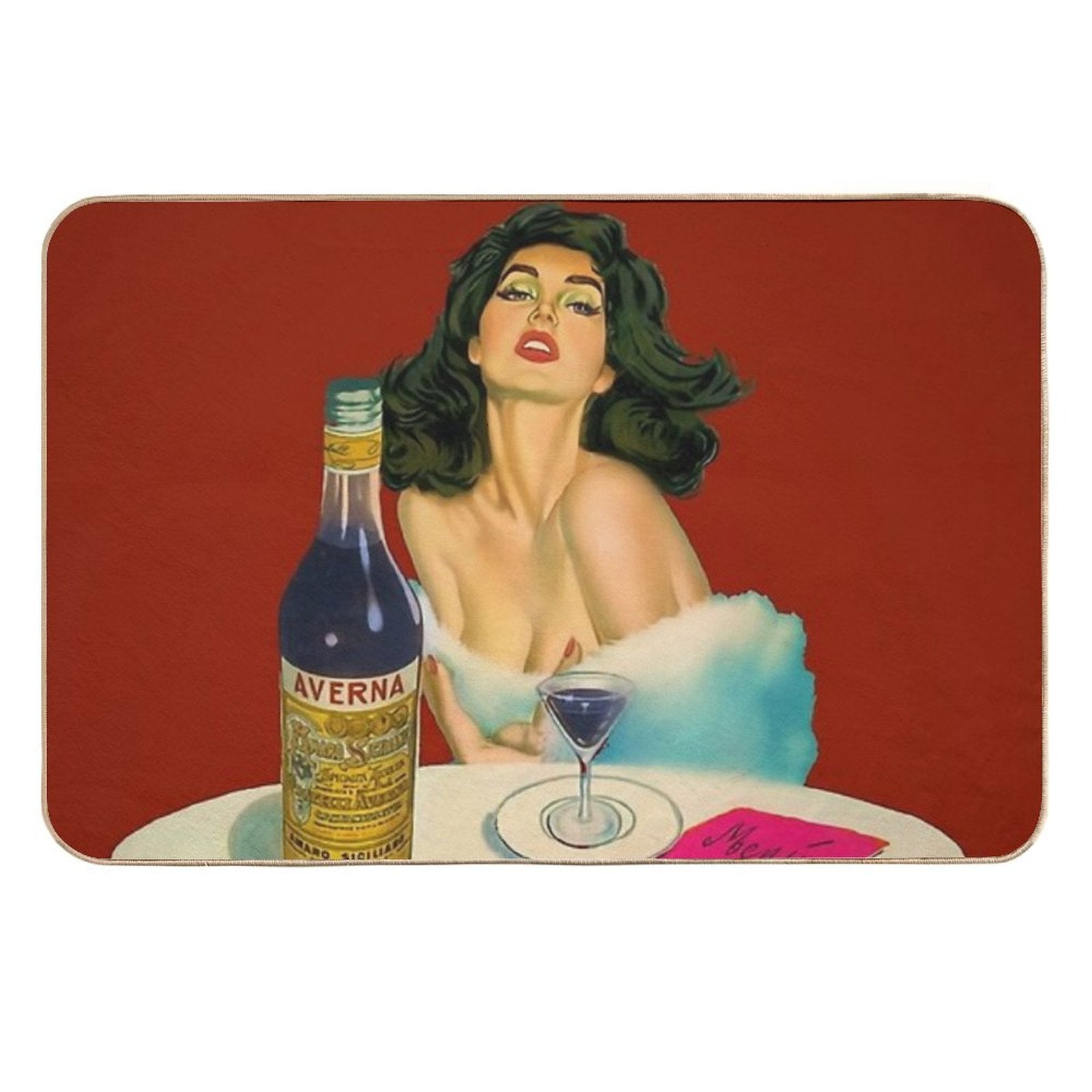 Vintage Italian Liqueur Averna Amaro Sicilia Aperitif Alcoholic Bevarage Advertising Brunette Sitting at Cafe Table Advertisemen  Non-Slip Bath Mat